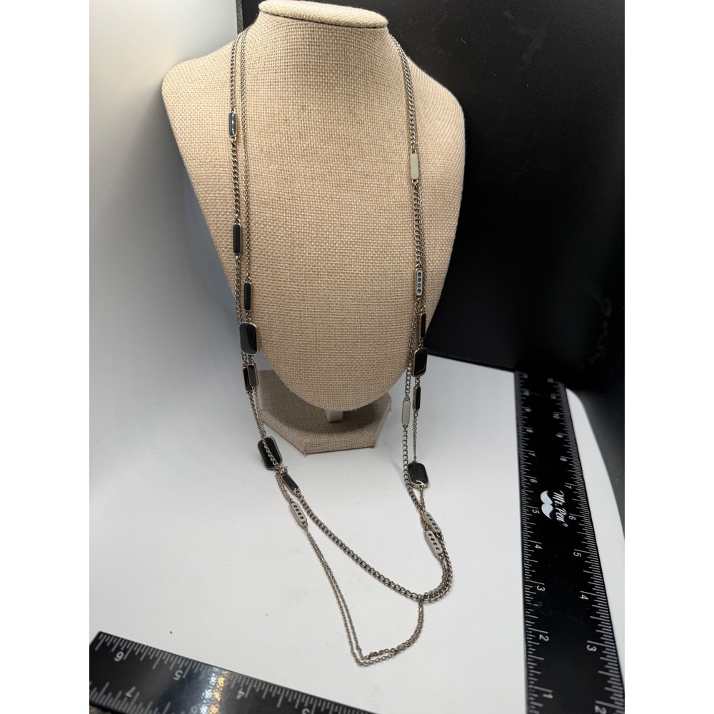 Loft Silver Tone Long Layered Necklace Black Cream Enamel Rectangular Stations